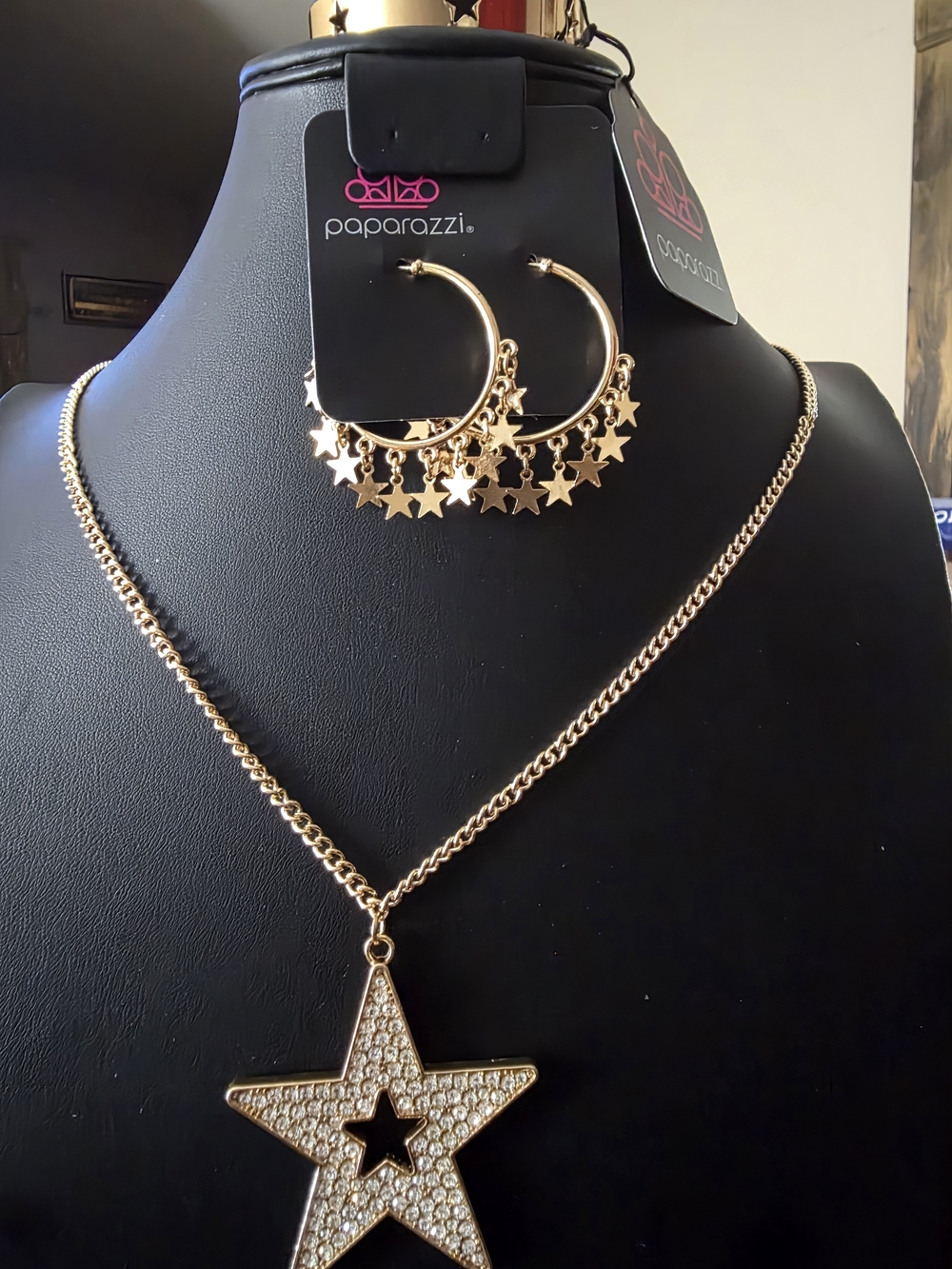 Paparazzi Gold Star Pendant Necklace & Star Hoop Earrings Set